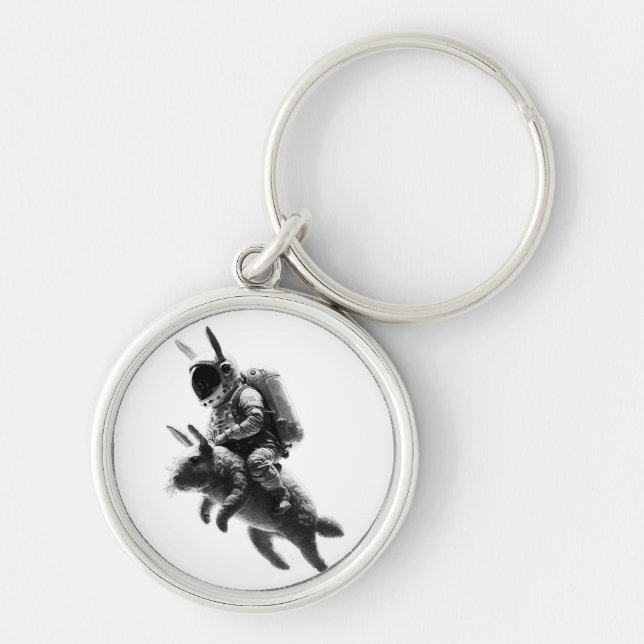 Bunny Astronaut Riding a Rabbit in Space  Keychain (Front)