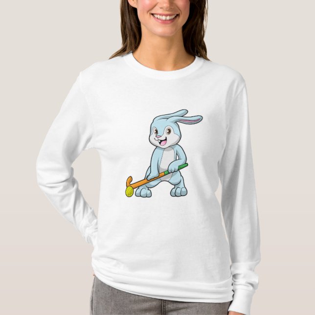 Bunny at Field hockey with Hockey stick T-Shirt (Front)