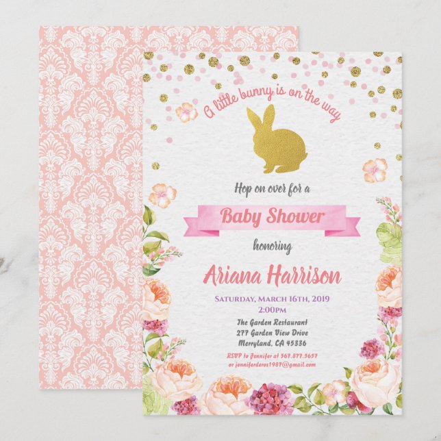 Bunny baby girl shower invitation for Easter (Front/Back)