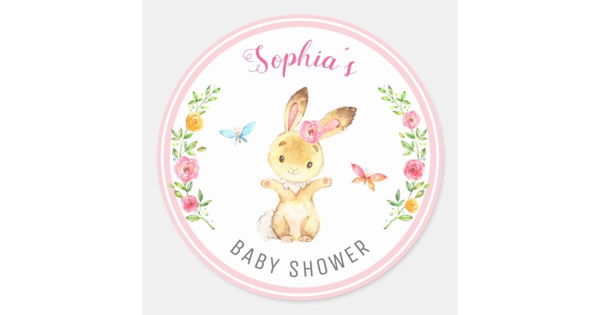 Bunny Baby Girl Shower Pink Sprinkle Cute Floral Classic Round Sticker ...