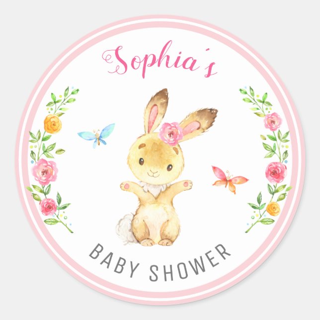 Bunny Baby Girl Shower Pink Sprinkle Cute Floral Classic Round Sticker (Front)
