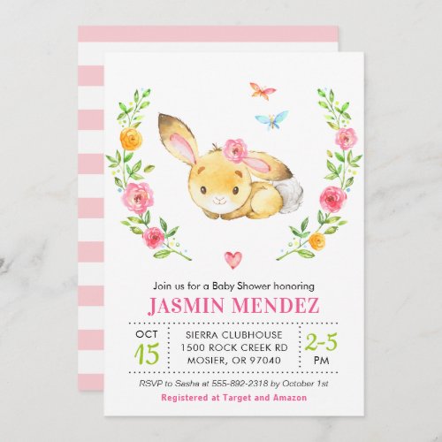 Bunny Baby Girl Shower Pink Sprinkle Cute Floral Invitation