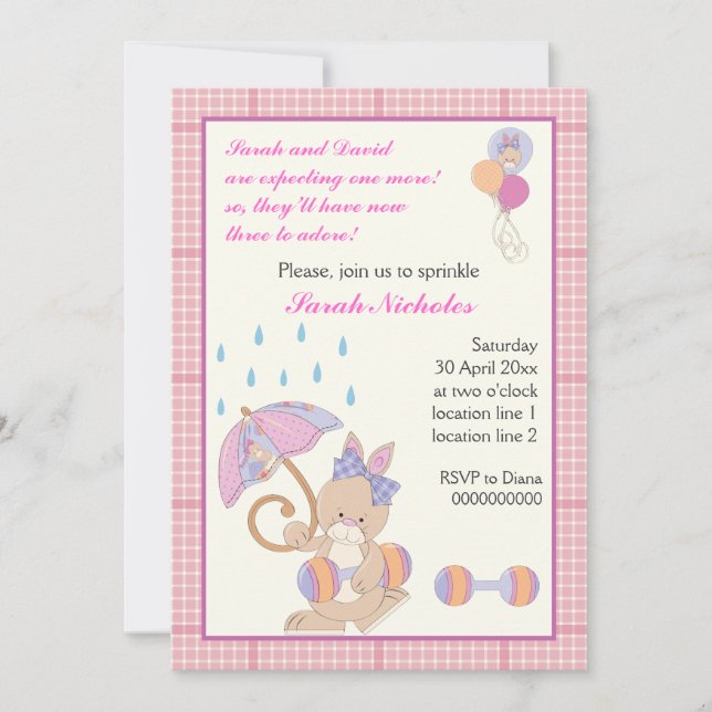 Bunny baby girl sprinkle pink plaid border invitation (Front)
