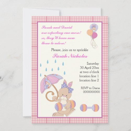 Bunny baby girl sprinkle pink plaid border invitation