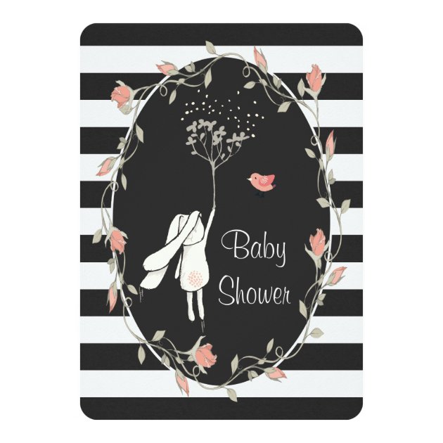 Bunny Baby Shower Black White Stripe Floral Wreath Invitation