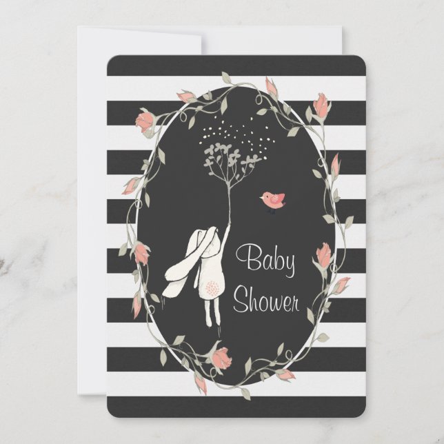 Bunny Baby Shower Black White Stripe Floral Wreath Invitation (Front)