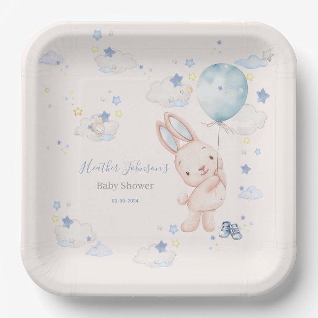 Bunny Baby Shower Boy Paper Plates (Front)