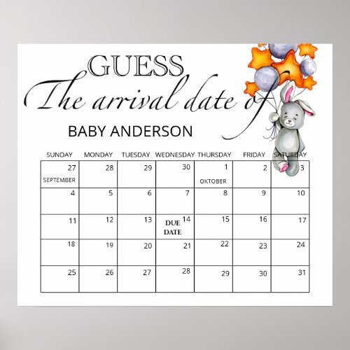 Bunny Baby Shower Guess Due Date Calendar  Poster