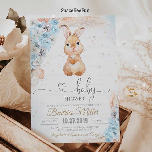 Bunny Baby Shower Invitation Boy Boho pampas grass (Bunny Baby Shower Invitation Boy Boho pampas grass Bohemian Rabbit Bunny Baby Shower Some Bunny )