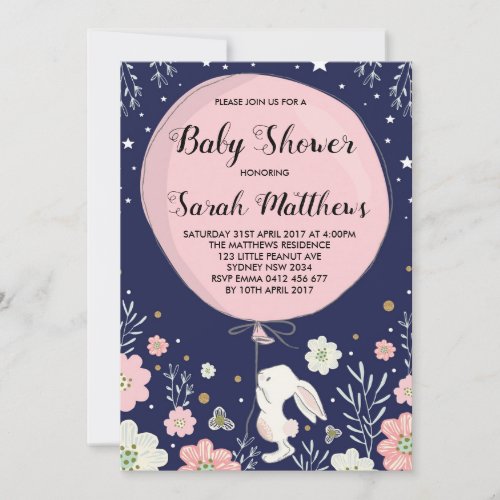 Bunny Baby Shower Invitation Rabbit Navy Pink Star