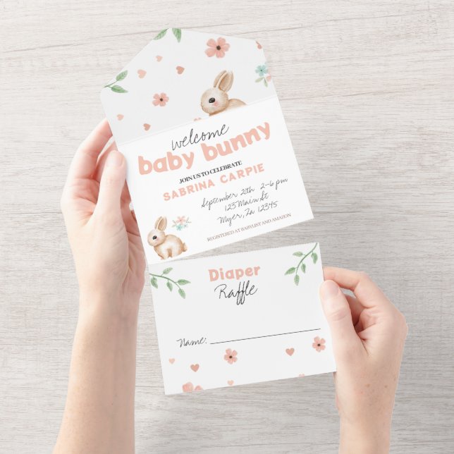 Bunny Baby Shower Party Invite and Diaper Raffle (Tearaway)