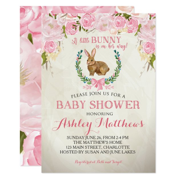 Bunny BABY SHOWER Pink Beautiful Floral Invitation