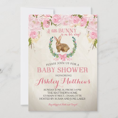 Bunny BABY SHOWER pink Beautiful Floral Invitation