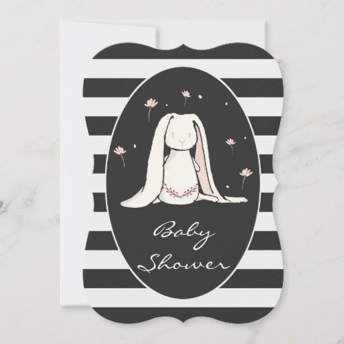 Bunny Baby Shower Pink Flowers Black White Stripes Invitation