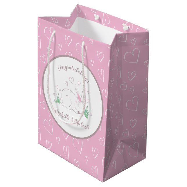 Bunny Baby Shower Spring Pink Girl Medium Gift Bag (Back Angled)