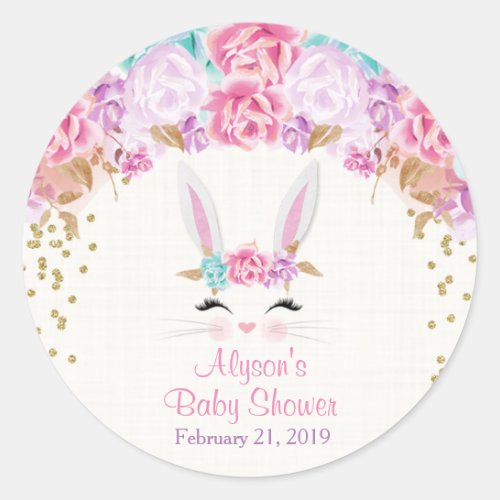 Bunny baby shower stickers pink and gold classic round sticker