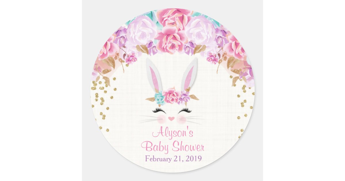 Bunny baby shower stickers, pink and gold classic round sticker | Zazzle