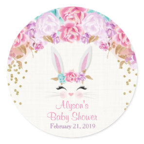 Bunny baby shower stickers, pink and gold classic round sticker