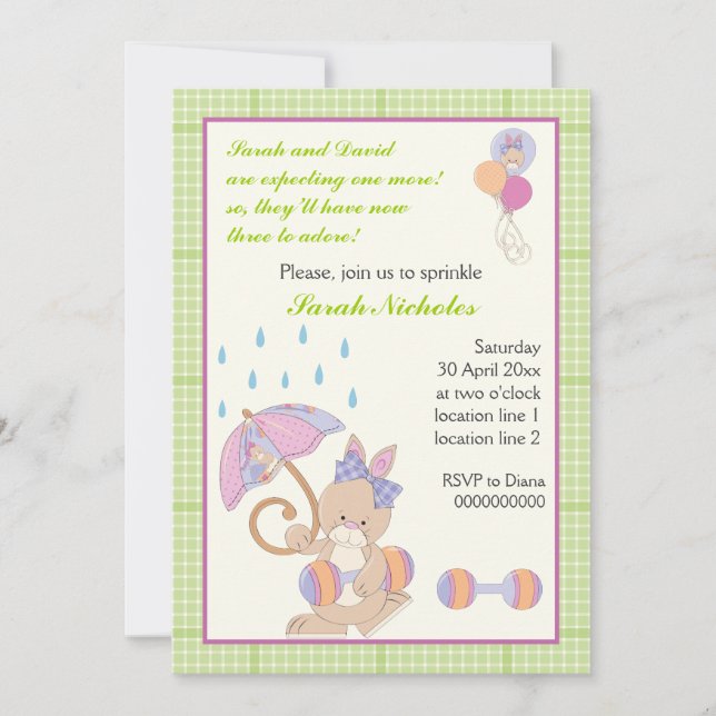 Bunny baby sprinkle lime green plaid border invitation (Front)