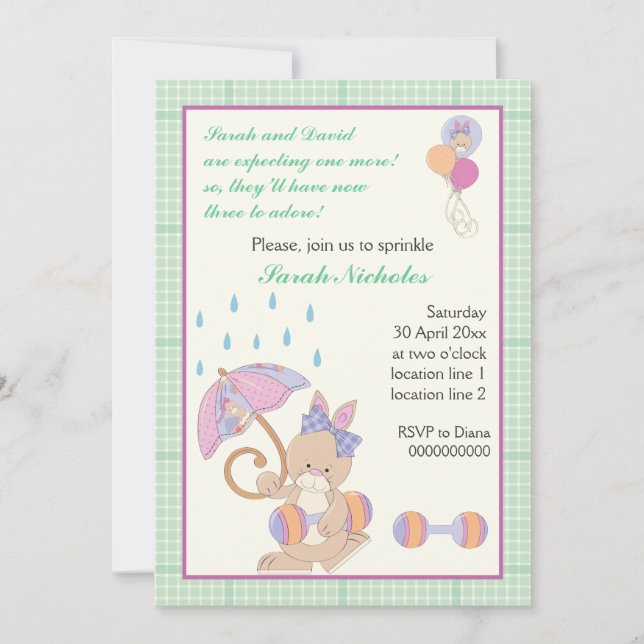 Bunny baby sprinkle mint green plaid border invitation (Front)