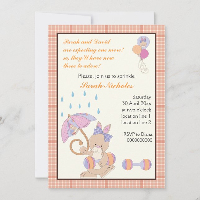 Bunny baby sprinkle orange plaid border invitation (Front)