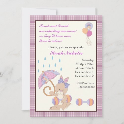 Bunny baby sprinkle purple plaid border invitation