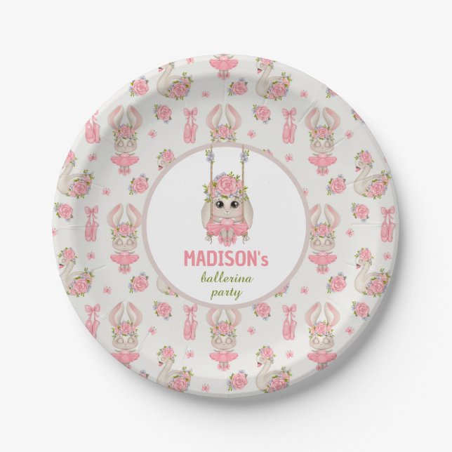 Bunny ballerina pink green floral girl birthday paper plates (Front)