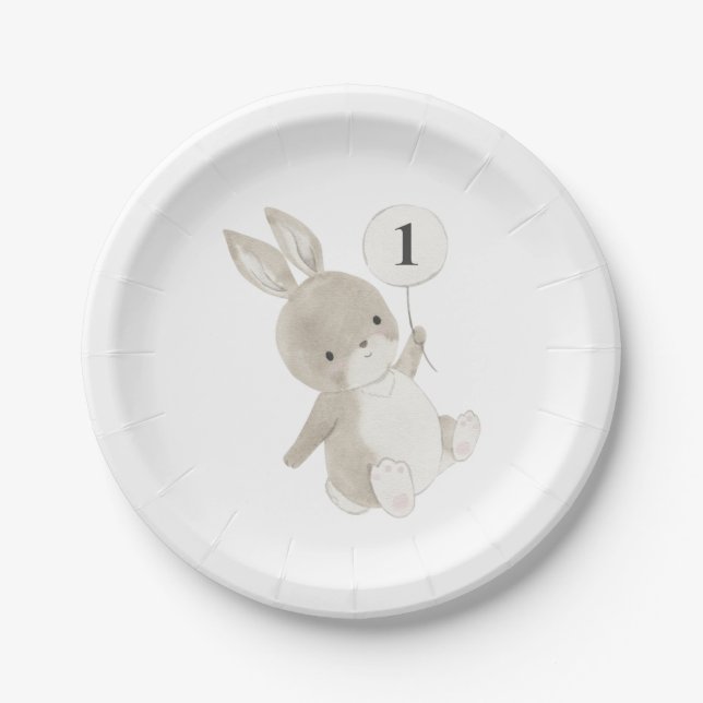 Bunny Balloon 1st Birthday Paper Plates (Front)