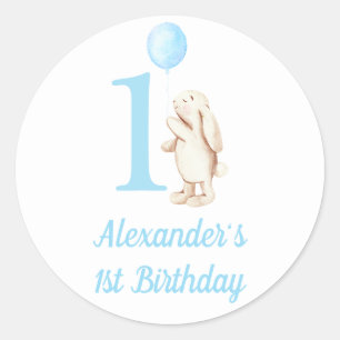 Bunny & Balloon Blue 1st Birthday Classic Round Sticker