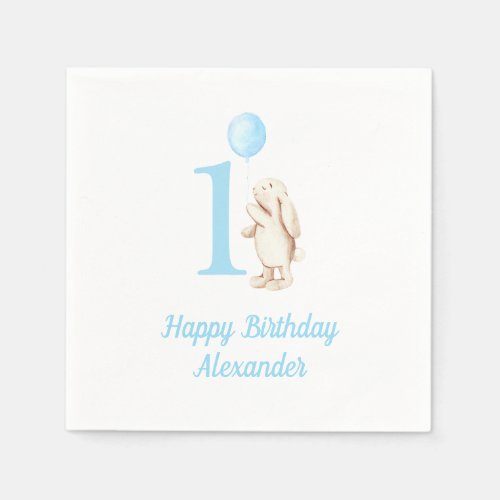 Bunny  Balloon Blue 1st Birthday Napkins