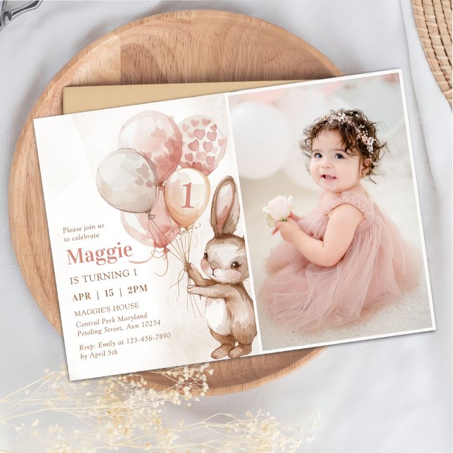 Bunny Balloon Easter Spring 1st Birthday Photo Invitation (Creator Uploaded)