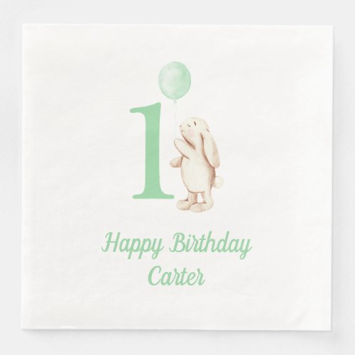 Bunny  Balloon Green 1st Birthday Paper Dinner Napkins