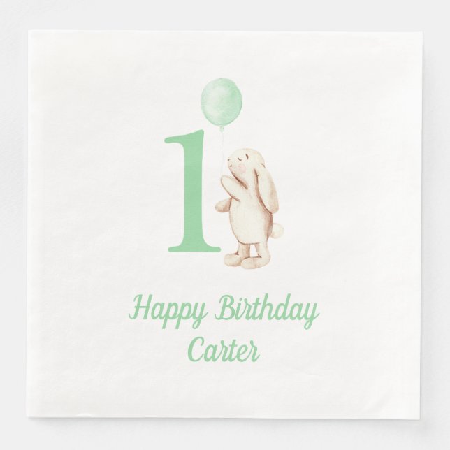 Bunny & Balloon Green 1st Birthday Paper Dinner Napkins (Front)