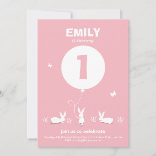 BUNNY BALLOON  Light Pink Kids Birthday Invite