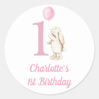 Bunny & Balloon Pink 1st Birthday Classic Round Sticker