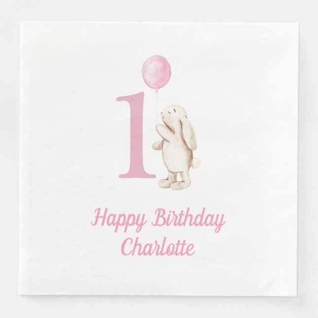 Bunny & Balloon Pink 1st Birthday Paper Dinner Napkins (Front)