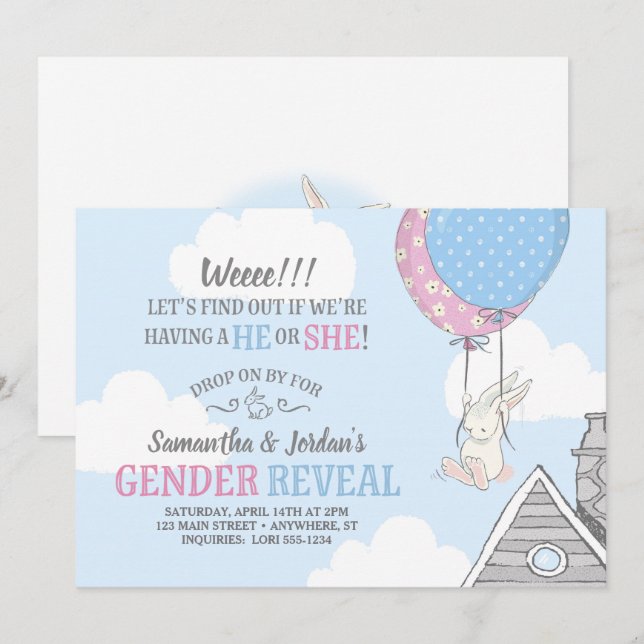 Bunny + Balloons Gender Reveal Invitation (Front/Back)