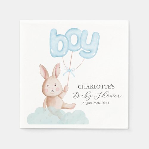 Bunny Balloons Watercolor Boy Baby Shower Napkins