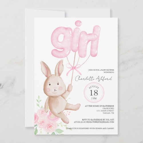 Bunny Balloons Watercolor Floral Girl Baby Shower Invitation