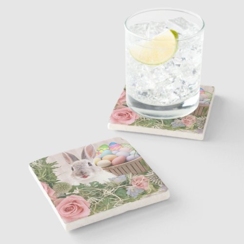 bunny basket of eggs stone coaster