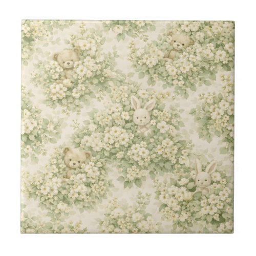 Bunny Bear Floral Garden Neutral Green Pattern Ceramic Tile