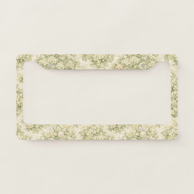 Bunny Bear Floral Garden Neutral Green Pattern License Plate Frame (Front)
