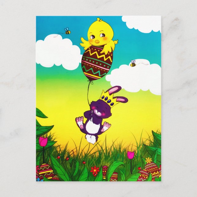 Bunny Bee Chicks Easter Egg Hunt Watercolor Postcard (Front)