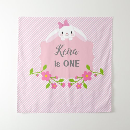 Bunny Birthday Backdrop Banner Pink  Flowers