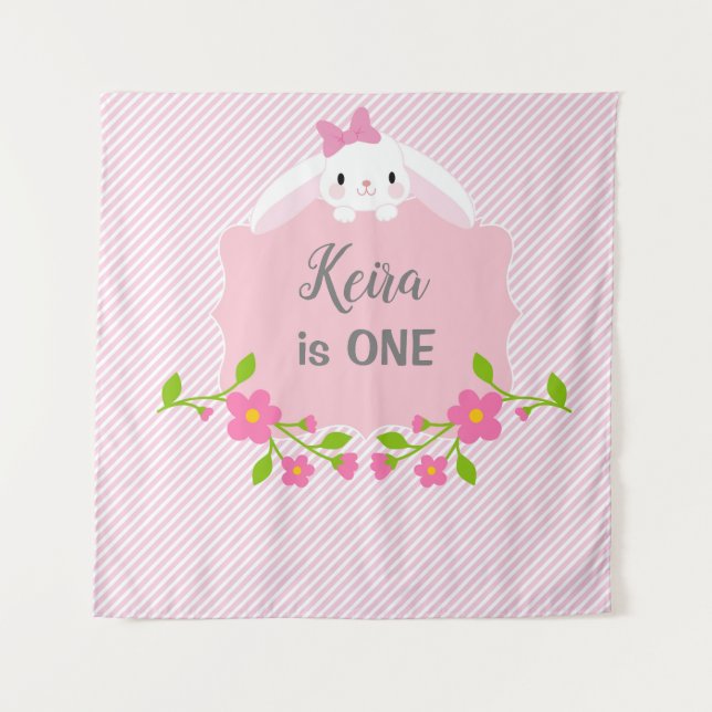 Bunny Birthday Backdrop Banner (Pink & Flowers) (Front)