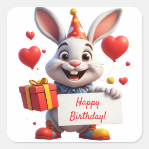 Bunny Birthday Gift With Heart Balloons ❤️ Square Sticker