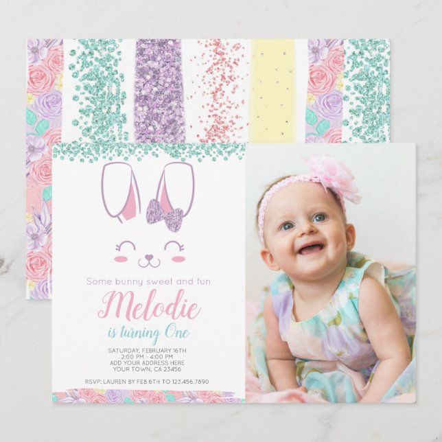 Bunny Birthday Invitation, Any age, 1st birthday Invitation (Front/Back)