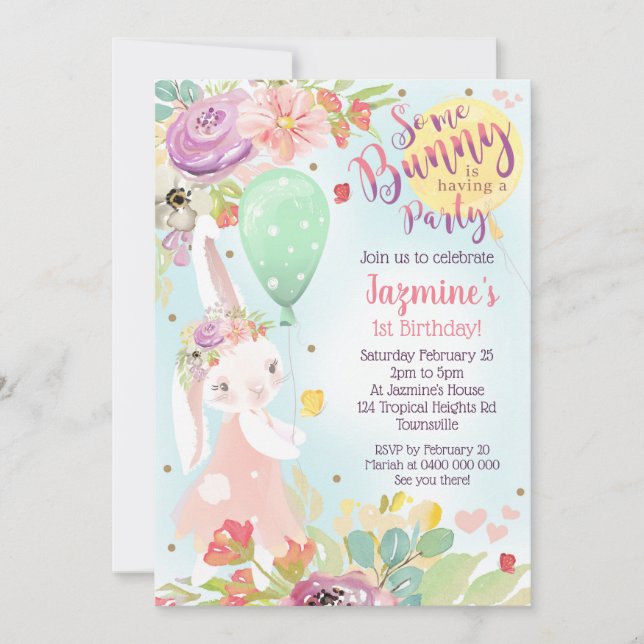 Bunny Birthday Invitation Floral Bunny Invite (Front)