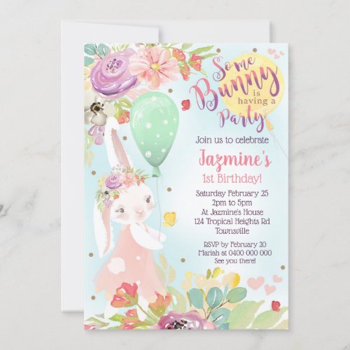 Bunny Birthday Invitation Floral Bunny Invite