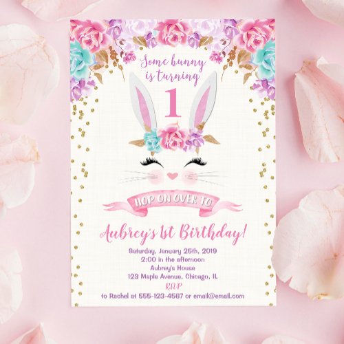 Bunny birthday invitation pink and gold 1st first